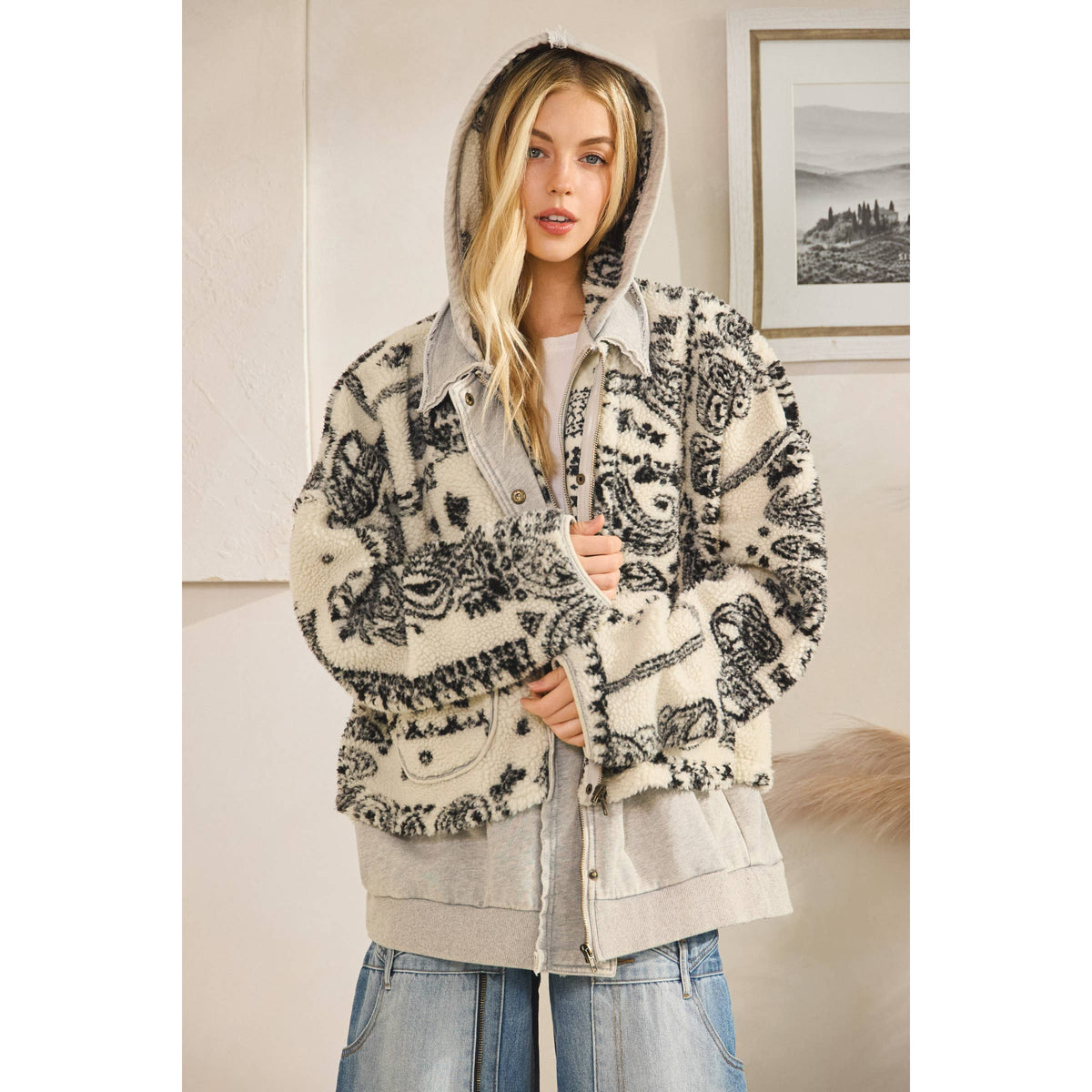 TERRY FLEECE MIX ZIP FRONT JACKET