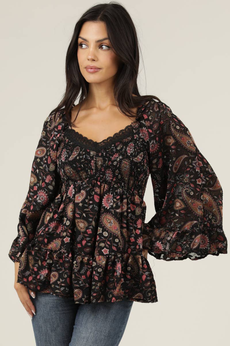 C2E10-SN45 BURNOUT SATIN BELL SLEEVE LACE TRIM BLOUSE