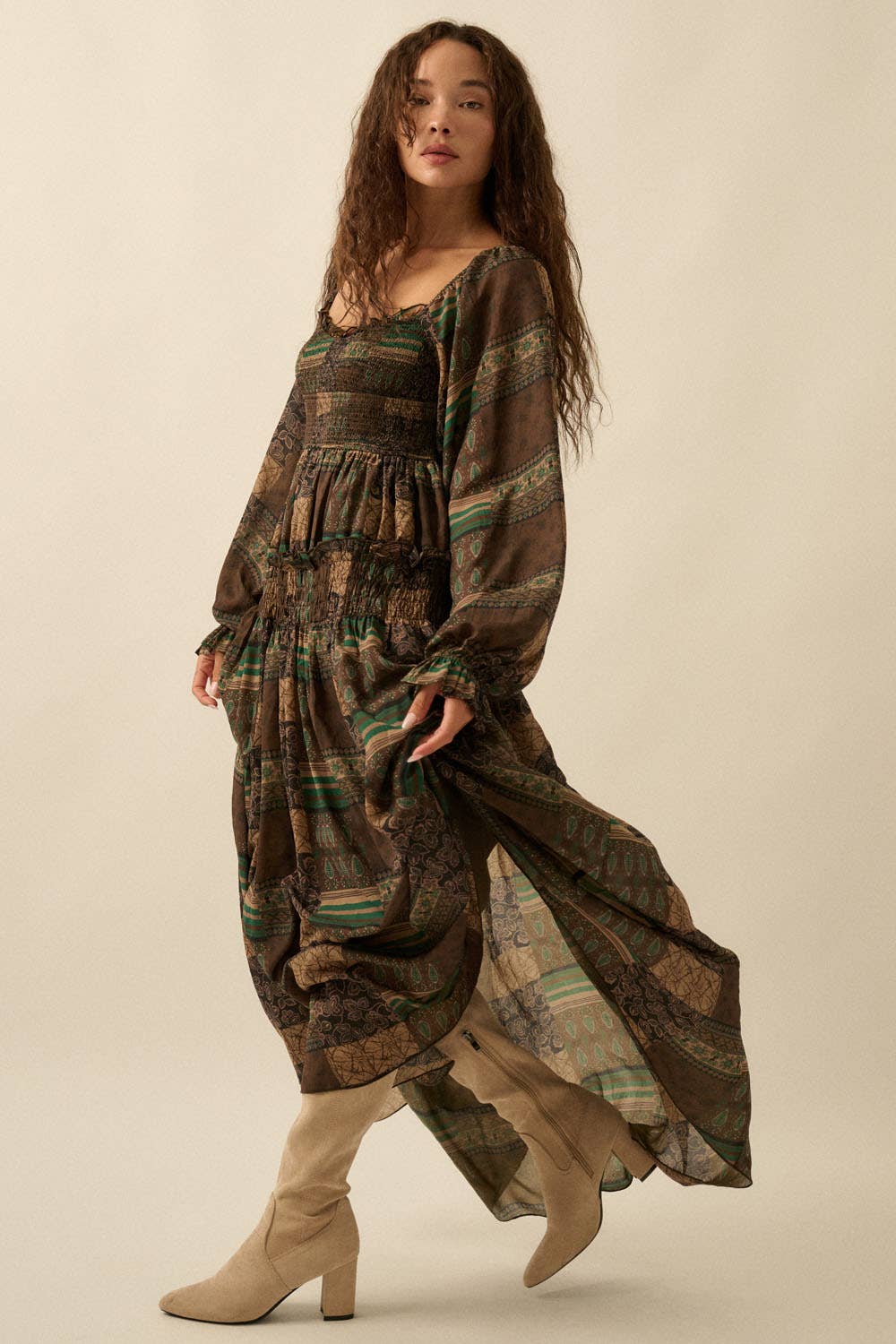 Patchwork-Print Smocked Bubble-Sleeve Midi Dress