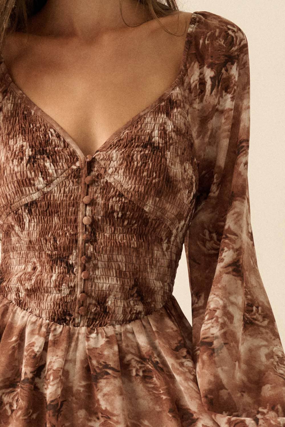 Floral Bubble-Sleeve Smocked Sweetheart Midi Dress