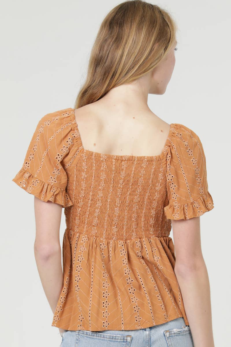 C2186-EM08 EYELET EMBROIDERED TWIST FRONT BLOUSE
